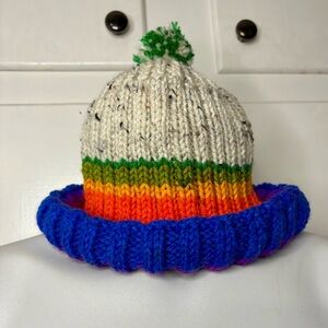 Vintage 70s Hand Knit Rainbow and Cream Pom Pom Beanie